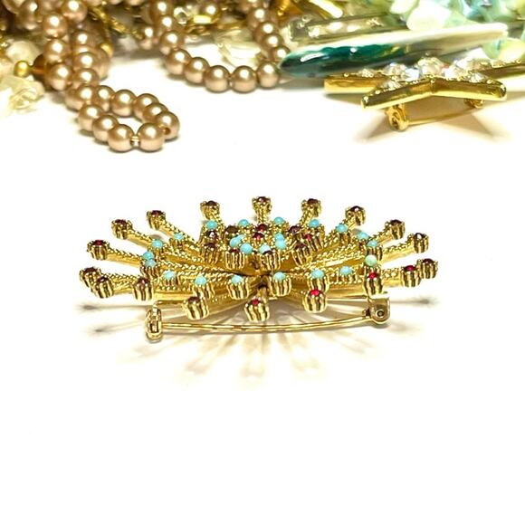 Sputnik Brooch Red Turquoise Blue Rhinestone Gold Vtg Estate Jewelry Orb Pin O06 - Picture 2 of 4